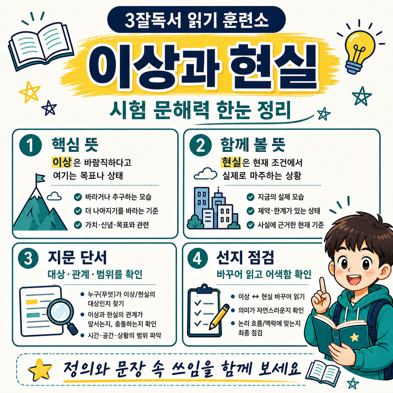 이상과 현실을 문맥과 근거로 구분하는 독해 학습 마무리
