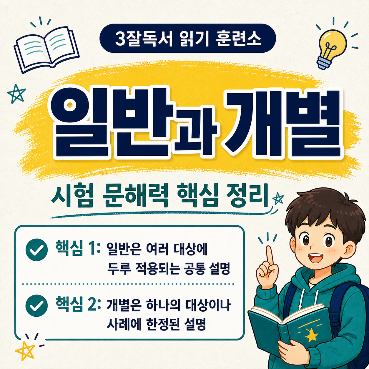 일반과 개별의 차이를 대상과 설명 범위로 정리한 핵심 요약 이미지