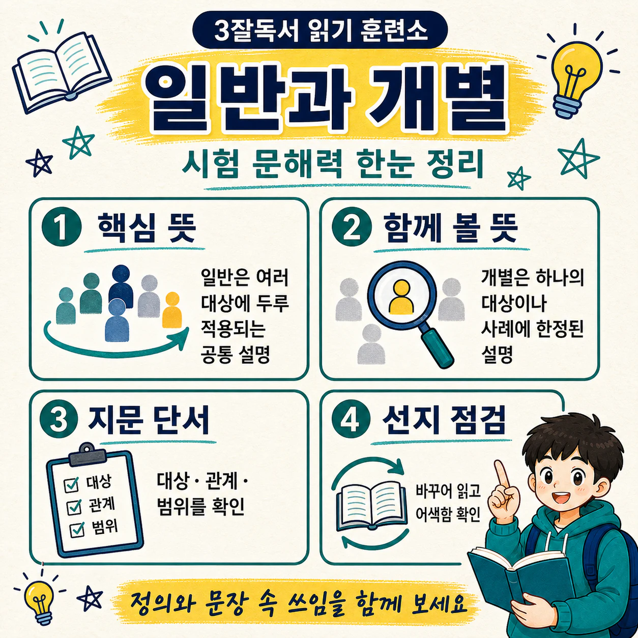 일반과 개별의 차이를 문장 속 근거로 설명하는 3잘독서 학습 마무리 이미지