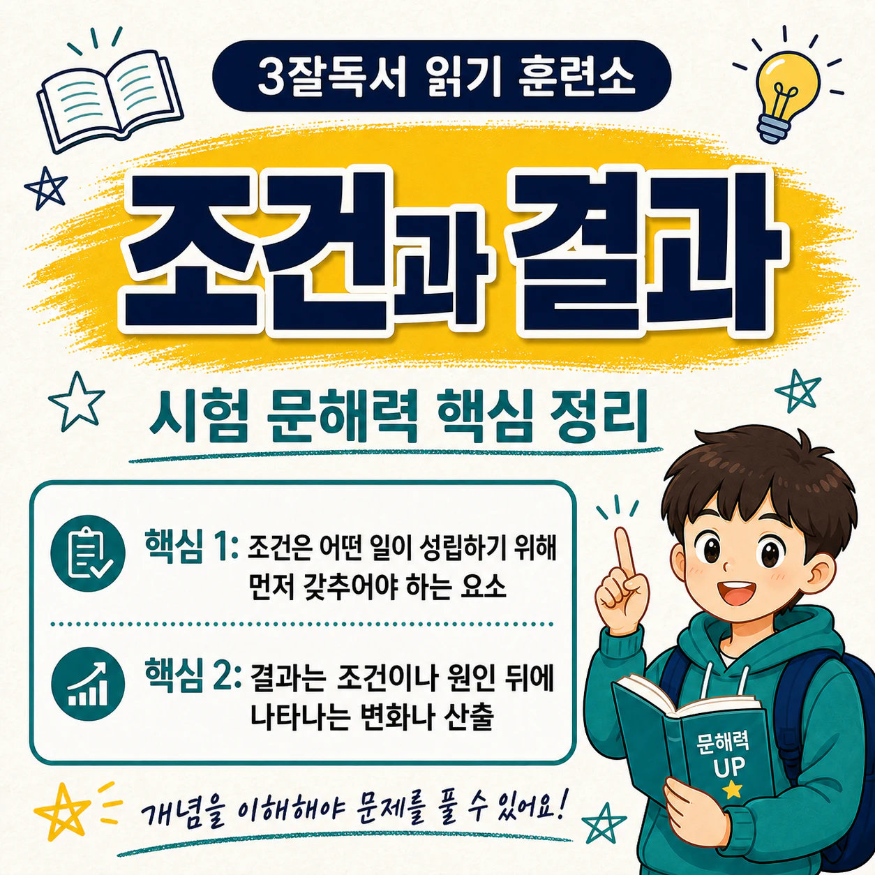 조건과 결과의 뜻과 설명 방향을 비교한 국어 독해 학습 자료