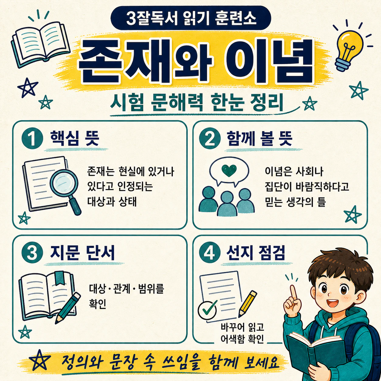 존재와 이념을 근거 중심으로 구분하는 독해 학습 마무리