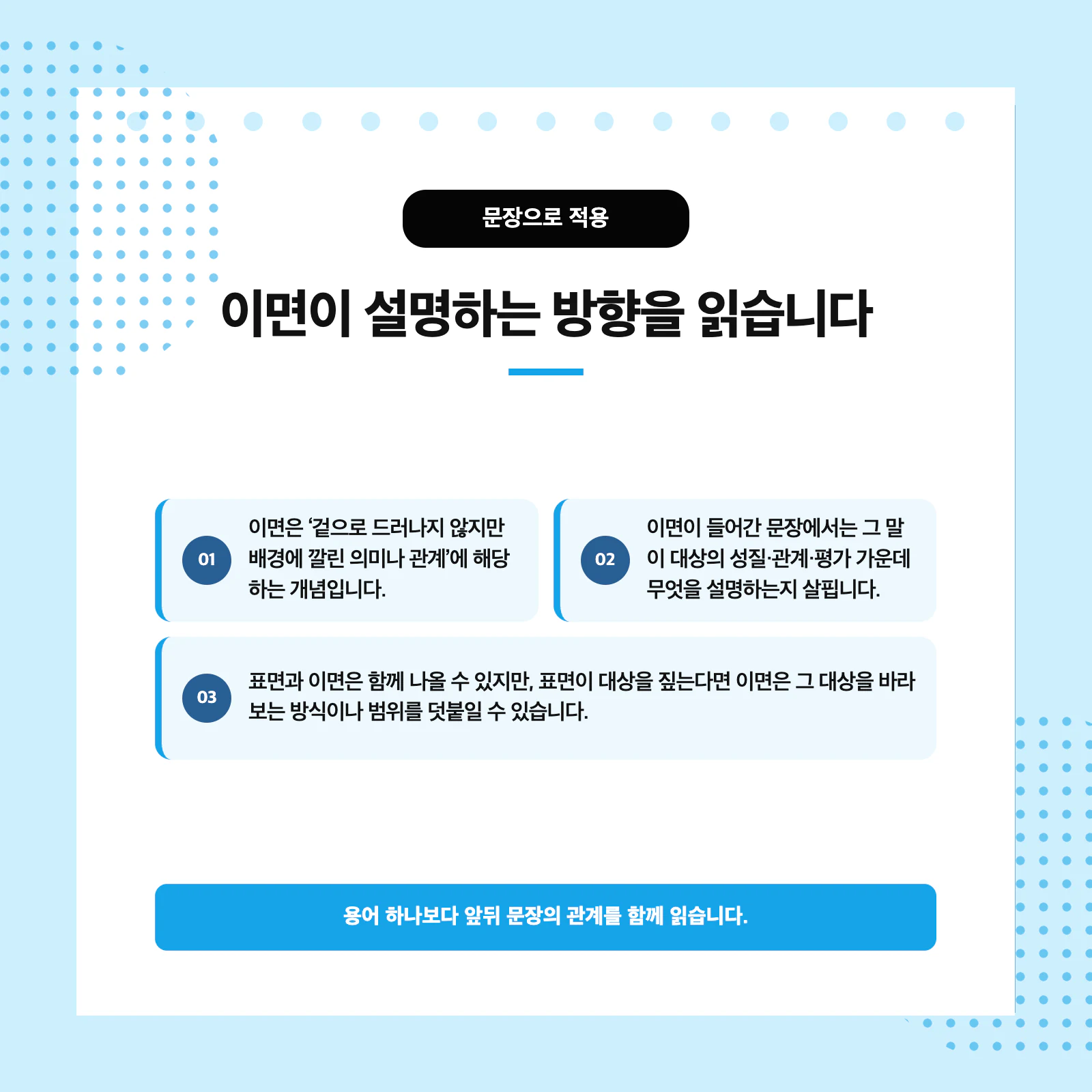 표면과 이면의 의미와 문장 단서를 비교한 국어 개념어 정리표