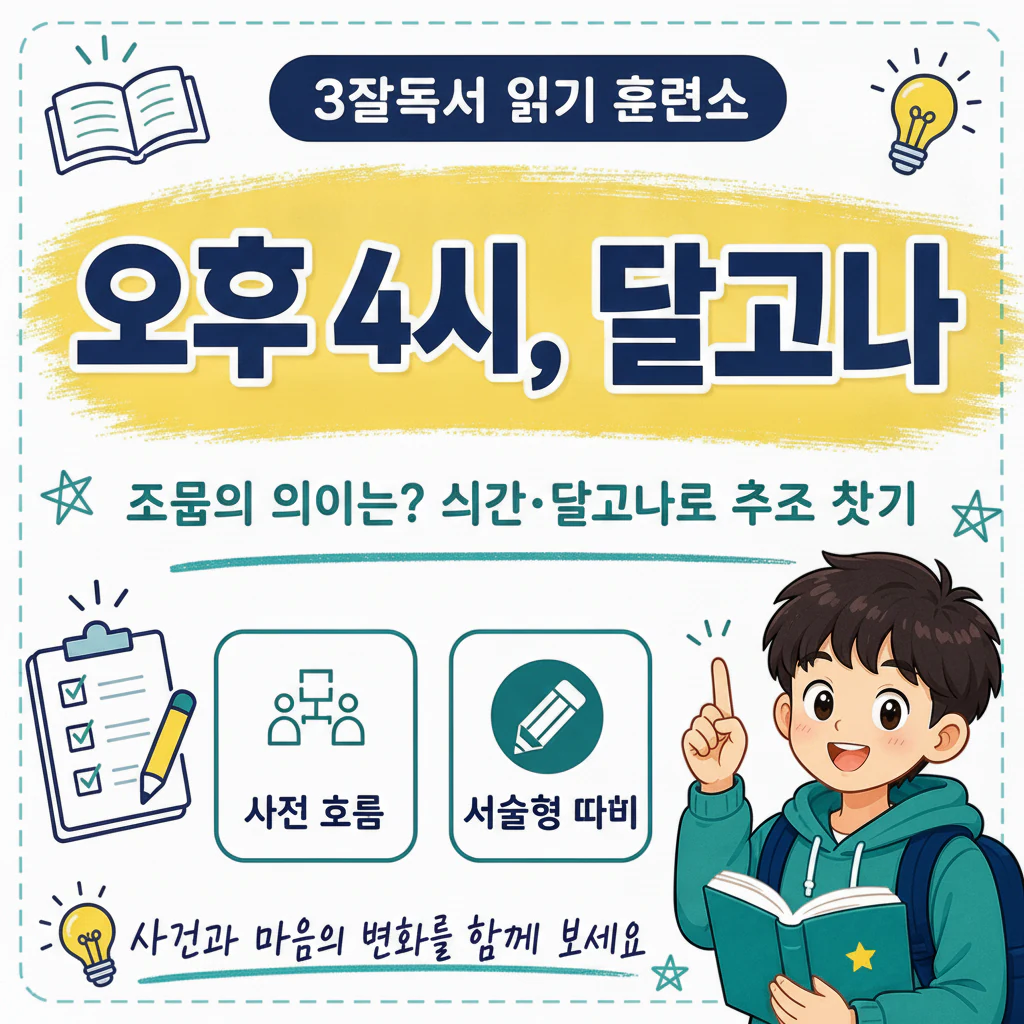 오후 4시 달고나 제목의 시간과 소재 의미를 설명하는 문학 읽기 학습 이미지