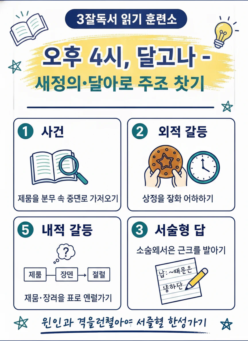오후 4시 달고나의 제목과 작품 주제를 연결해 정리하는 문학 학습 이미지
