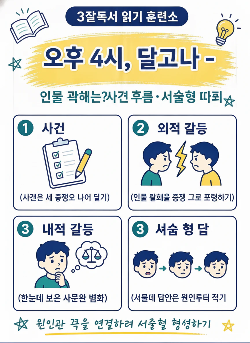 오후 4시 달고나 인물의 선택과 관계를 근거로 설명하는 문학 읽기 학습 이미지