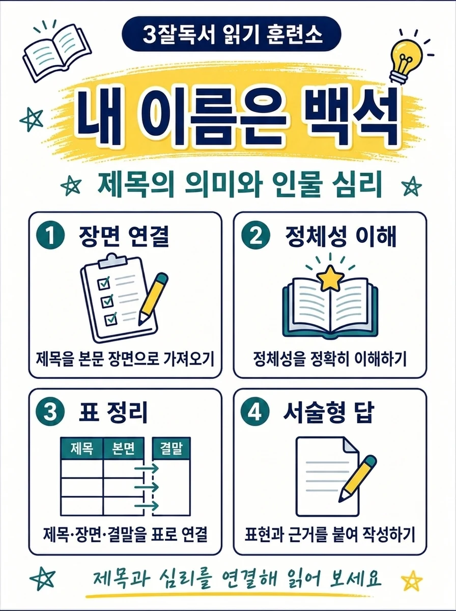 내 이름은 백석 제목과 인물의 마음 및 결말을 종합하는 독서 학습 이미지