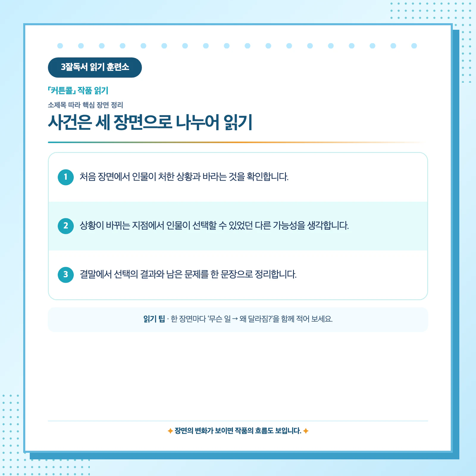 커튼콜 사건을 처음과 변화 및 결말의 세 장면으로 나누는 방법