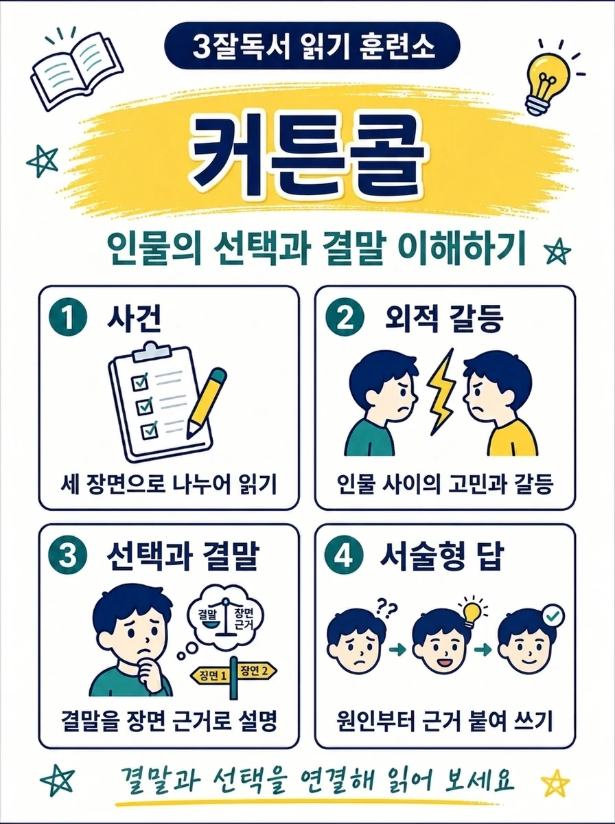 커튼콜 작품의 사건과 인물 선택을 복습하는 문학 읽기 학습 이미지