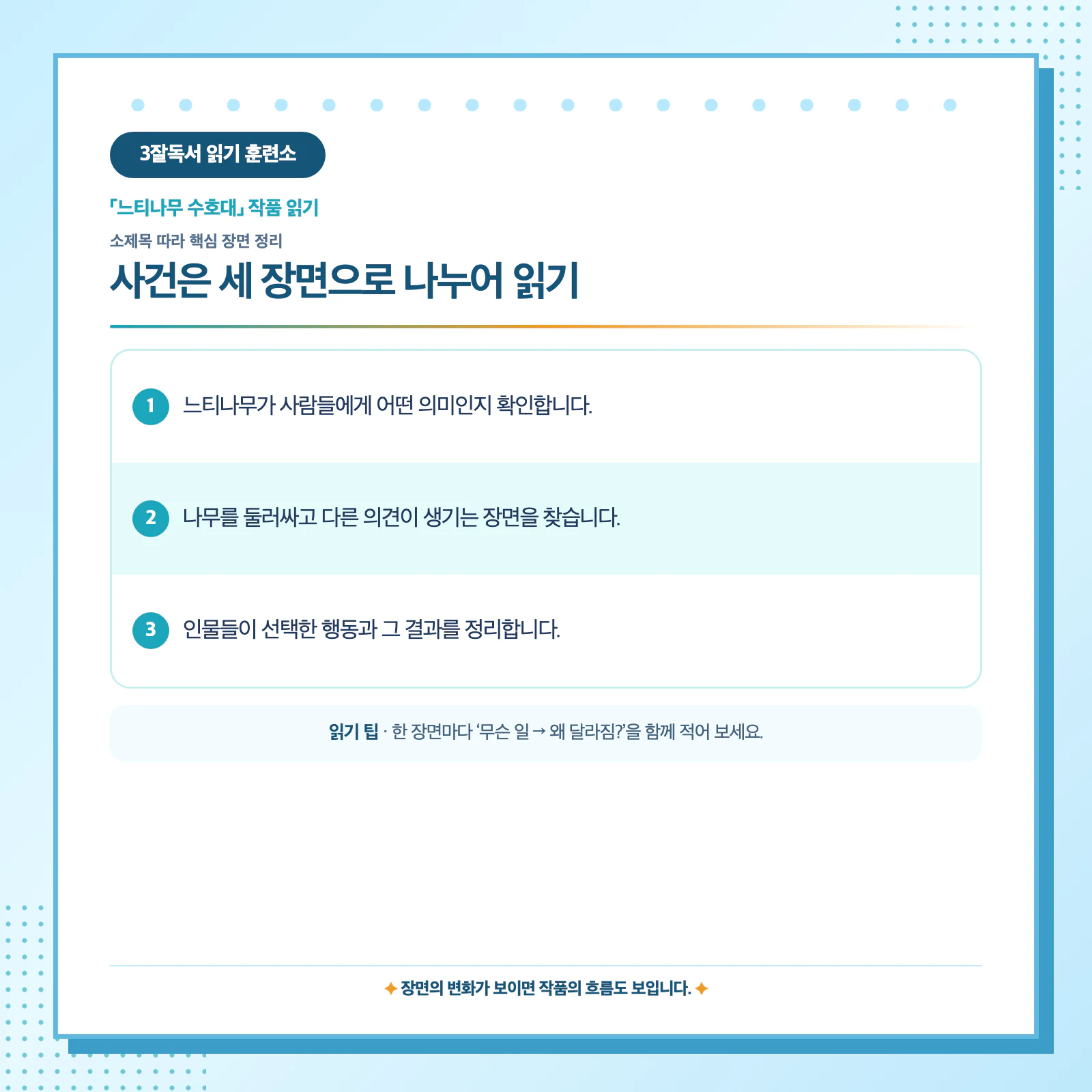 느티나무 수호대 사건의 시작과 변화 및 결말을 세 장면으로 나눈 줄거리 자료